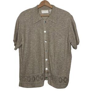 Elisabeth Vintage Linen Blend Button Down Knit Collar Blouse Size: 1X